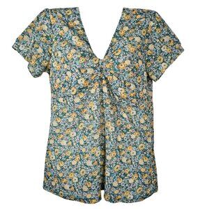 Vintage Y2K Elementz Floral V-Neck Short Sleeve Top Yellow & Blue Polyester M